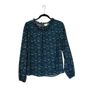 J.Crew Floral Ruffle Neck Blouse Womens L Green Long Sleeve Cotton